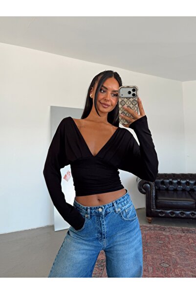 myd Flowy V-Neck Long Sleeve Blouse - Black
