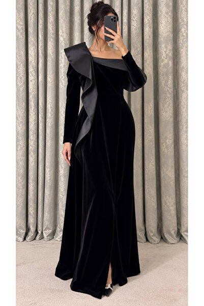 ELORA FASHION فستان سهرة مخمل أسود بكتف غير متماثل وكشكشة ساتان