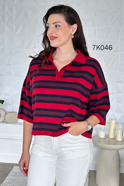 İnce Topuk Polo Collar Striped Knitwear Blouse 7K046
