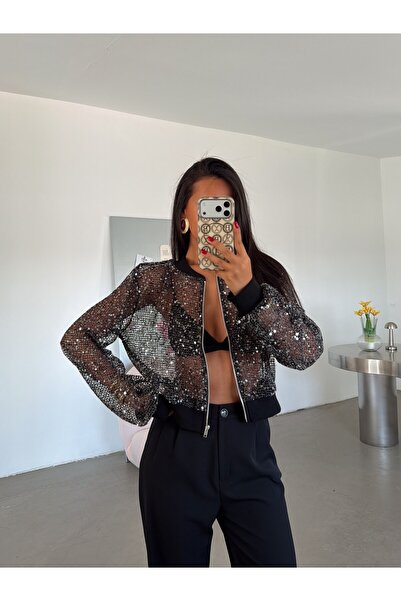 myd Zippered Sequin Cardigan - Black