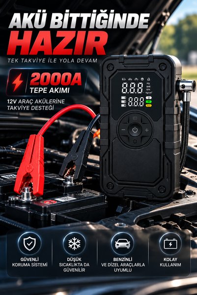Merwish Akü Takviye Cihazı 20000 mAh 2000 Amper Powerbank 150 PSI Dijital Hava Kompresörü LED Işıklı 4'ü 1 Arada