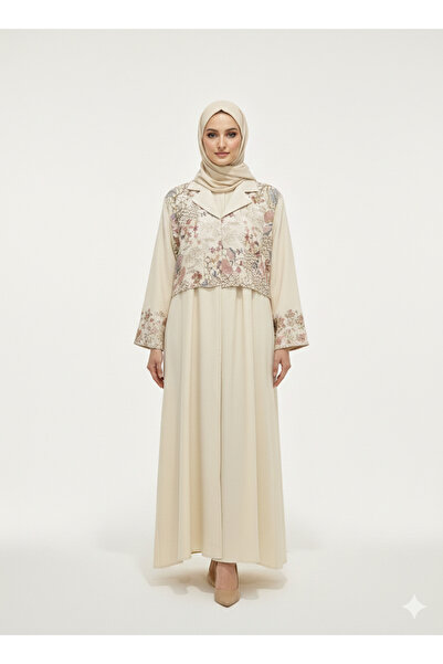 RIZQE Rizqé Alabaster Blossom Beige Embroidered & Embellished Abaya