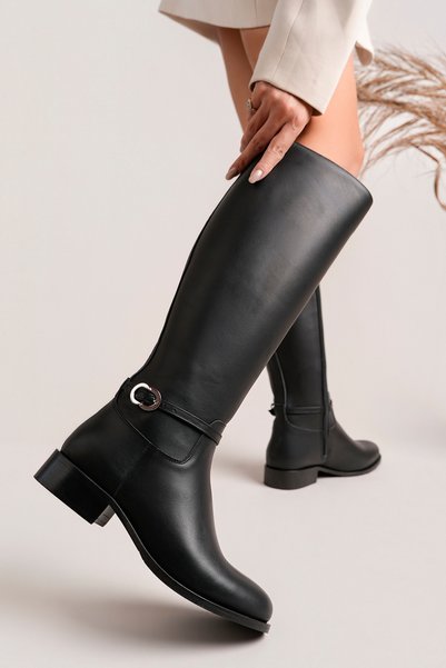 NOSEY SHOES Alba Model Genuine Leather Black Leather Side Zipper Thick Heel Buckle Daily Women's Boots