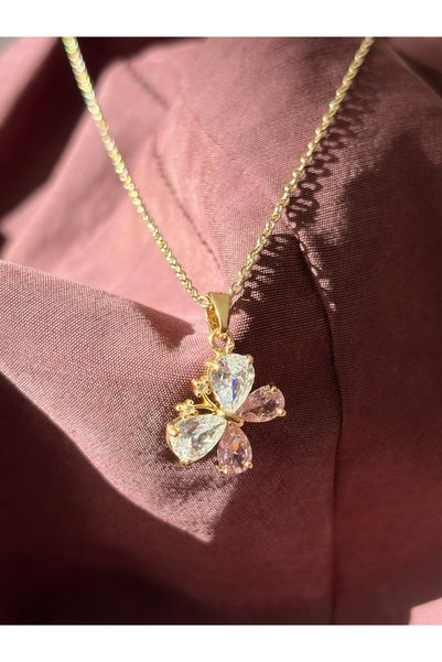 Genel Markalar Çelik Gold Pembe/Beyaz Taşlı Kelebek Kolye