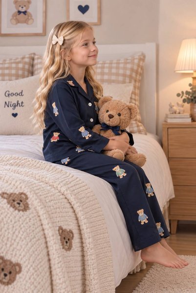 Montisu Teddy Bear Patterned, 100% Cotton, Soft, Navy Blue Unisex Pajama Set