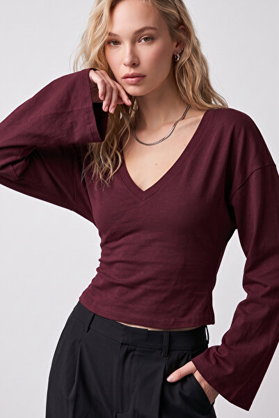 VODENS Bordo V Yaka Yarasa Kollu %97 Pamuk T-Shirt