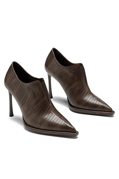 Dedos Women's Coffee Crocodile Snake Print Pointed Toe V-Cut Slim High Heel S...