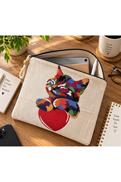 618 CONCEPT Colorful Cat Patterned Tapestry Tablet Bag with Zipper 26.5X22.5 cm