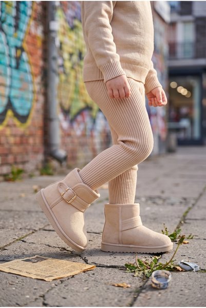 ZERA TREND Children's Beige Suede Short Ankle Winter Boots with Warm Fur Inside
