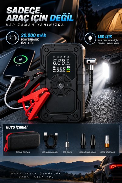 Merwish Akü Takviye Cihazı 20000 mAh 2000 Amper Powerbank 150 PSI Dijital Hava Kompresörü LED Işıklı 4'ü 1 Arada
