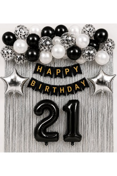 BOXLAND Siyah Beyaz Gümüş 21 Yaş Doğum Günü Süsleme Seti 20 Adet Balon 18 İnç...