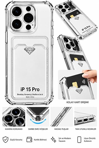 MİMİKRİ HOME Şeffaf Kartlıklı İphone 15 Pro İle Uyumlu Telefon Kılıfı Beyaz S...
