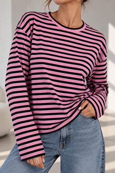 bb butik basic Kadın Çizgili Bisiklet Yaka Uzun Kollu Basic Bluz ZG3535