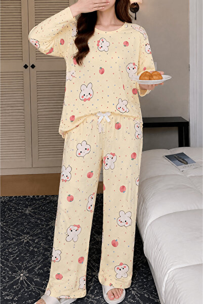 Hepsi Moda Bisiklet Yaka Puantiyeli Uzun Kol Pijama Takımı - Sarı