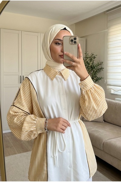 PALME D'OR Women's Seasonal Tunic Trouser Set Striped Belted Wide Leg Hijab T...
