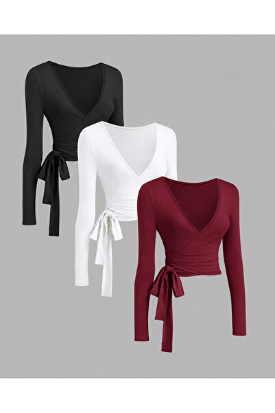 Machetta Women's 3-Piece Low-Cut V-Neck Body with Waist Tie Detail, Comfortab...