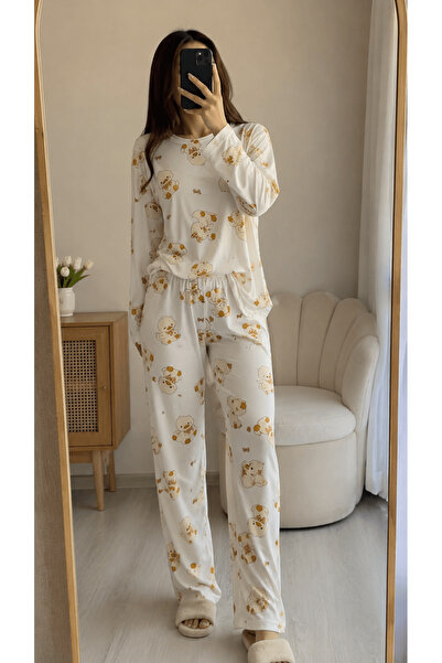 Hepsi Moda Bisiklet Yaka Civciv Desen Uzun Kol Pijama Takımı - Ekru