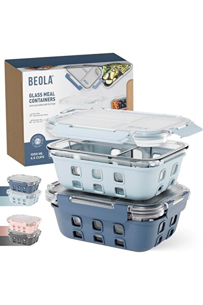 BEOLA Set of 2, Glass Food Storage Container, Lunch Box, with Airtight Lid an...