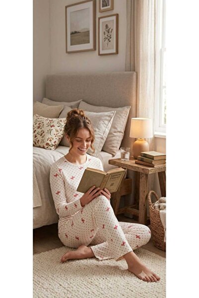 PİJART Ecru Bow Patterned Ribbed Knitted Pajama Set