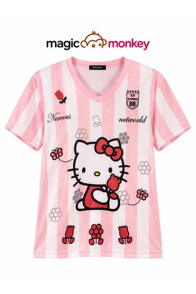 Magic Monkey Hello Kitty Jersey Pembe V Yaka Tshirt