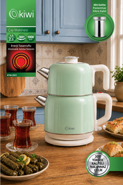 Kiwi KTM-2921 Çay Makinesi | 2,2 L Su Isıtıcı | 1,2 L Demlik | 90 °C Sıcak Tutma