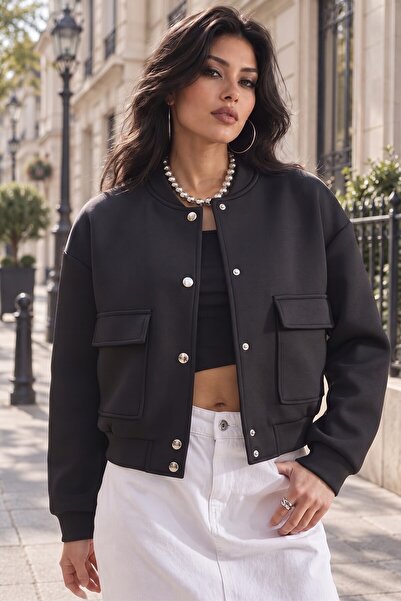 ALFUDO Moda Collection Çıtçıt Detaylı Cepli Kısa Bomber Ceket