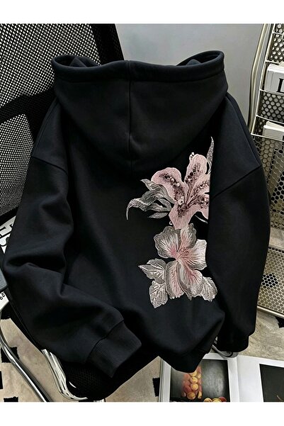 MITHRAS OUTDOORS Unisex Siyah Soluk Çiçek Sırt Baskılı Kapşonlu Sweatshirt Ba...