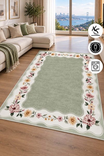 Pelura Halı Floral Çerçeve Desenli Baskılı Kaymaz Yıkanabilir Salon Oturma Od...