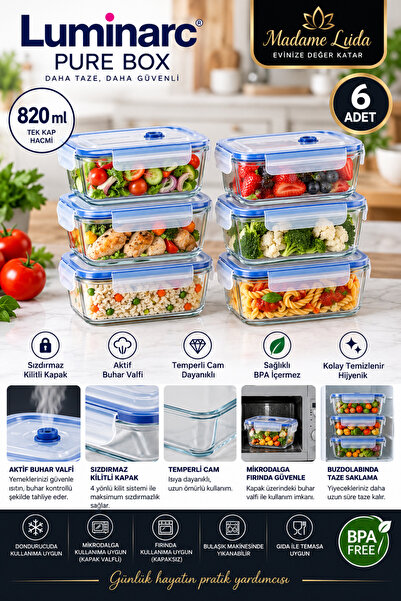 Luminarc Pure Box 820 ML 6'lı Saklama Kabı Seti | Sızdırmaz Kilitli Kapaklı /...