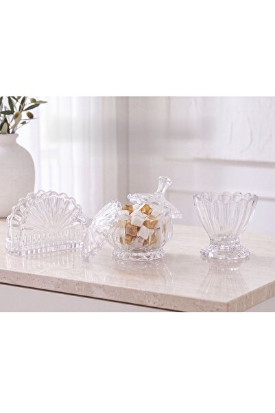 ARVALE 3 Parça Kristal Kesim Cam Set, Kapaklı Şekerlik, Peçetelik ve Ayaklı Sunum Kasesi, Çeyizlik Takım
