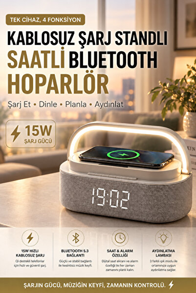 Zineets Kablosuz Şarj Standlı Saatli Işıklı Bluetooth Hoparlör Speaker Çalar ...