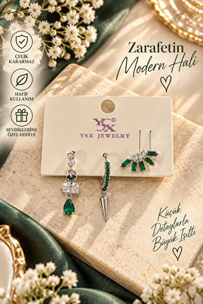 cityvision Set of 3 Emerald Green Stainless Steel Earrings