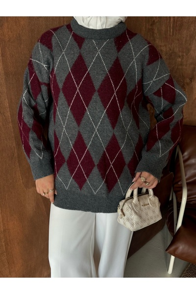 HYWONA Women's Baklava Pattern Oversize Soft Sweater