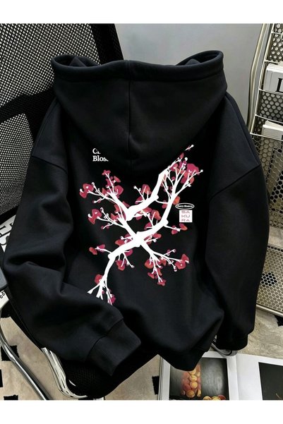 MITHRAS OUTDOORS Unisex Black Bloss Tree Printed Hooded Sweatshirt Printed Pr...