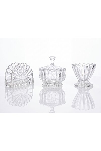 ARVALE 3 Parça Kristal Kesim Cam Set, Kapaklı Şekerlik, Peçetelik ve Ayaklı Sunum Kasesi, Çeyizlik Takım