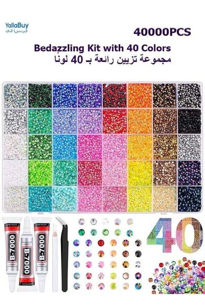 Generic ٤٠٠٠٠ قطعة من أحجار الراين الراتنجية الهلامية مع ملقط للأعمال اليدوية، أحجار كريمة مسطحة الظهر ٣ مم بألوان متنوعة، كريستال لامع مع ٣ قطع من غراء المجوهرات B7000 سعة ١٠ مل للأعمال اليدوية