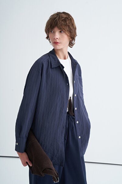EBU Prive Women's Oversized Shirt with Pockets Navy Blue
