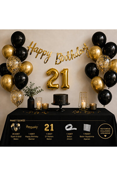 BOXLAND 21 Yaş Doğum Günü Süsleme Seti Siyah Gold Balon Seti Happy Birthday B...