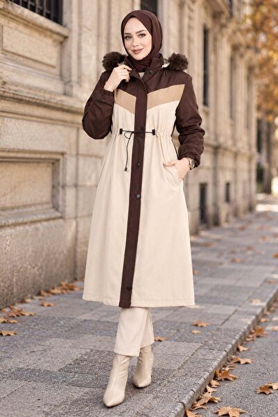 hafsamina Peluş Astarlı Renk Garnili Mont Kahverengi HM2963