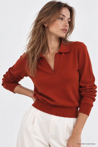 WILD BEE Women's Tile Polo Collar Long Sleeve Knitwear Blouse