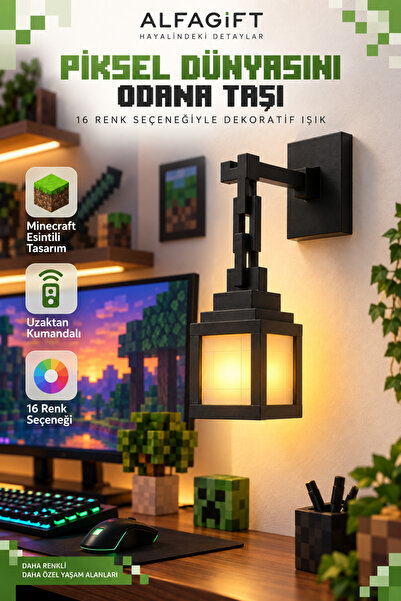 ALFAGİFT Minecraft Tarzı Zincirli Gece Lambası 16 Renkli Kumandalı Şarjlı Duvar Askılı Masa Üstü Dekoratif Işık