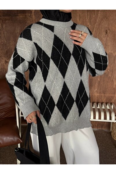 HYWONA Women's Baklava Pattern Oversize Soft Sweater