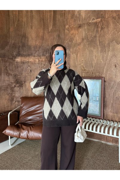 HYWONA Women's Baklava Pattern Oversize Soft Sweater