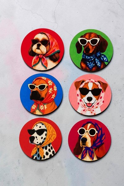 Pop Art Tasarım Köpek Desenli Bardak Altlığı 6’lı Set 9 cm MDF UV Dijital Baskı