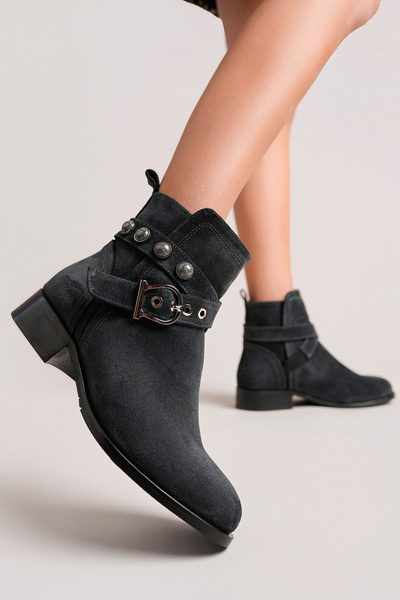 NOSEY SHOES Nova Model Genuine Leather Anthracite Suede Buckle Fastened with Elastic on the Side Thick Heel Daily Women's Boots