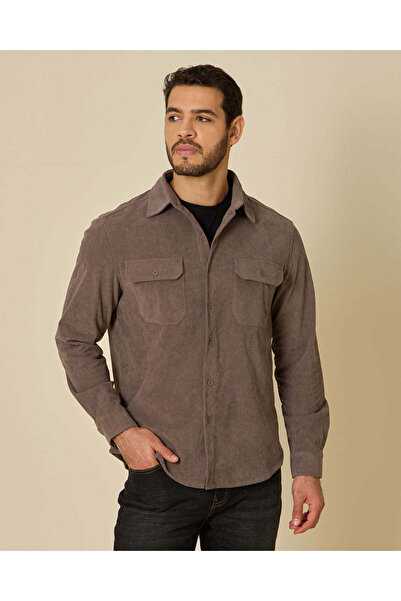 REDTAG Men Brown Plain Corduroy Pocket Shirt