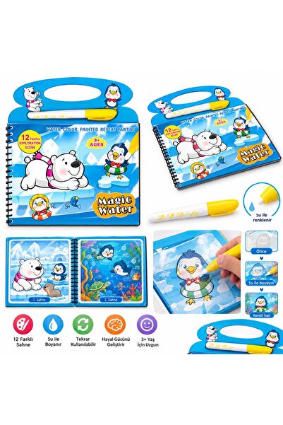 Magic Water Kutup ve Su Dünyası 4 Sayfa Sihirli Boyama Kitabı Özel Sulu Kalem...