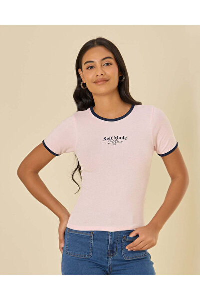 REDTAG Women Pink Contrast Rib T-Shirt