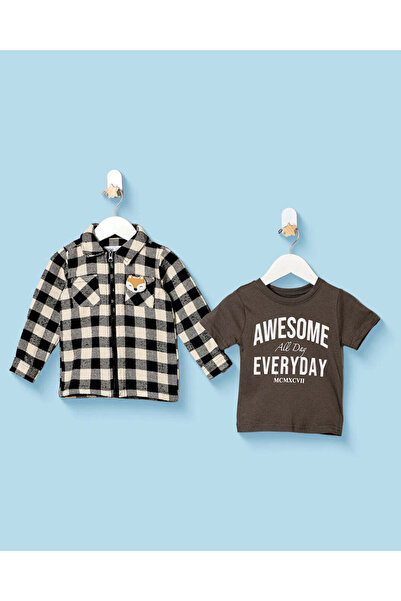 REDTAG Infant Boys Black And Charcoal Overshirt And T Shirt 2 Piece
