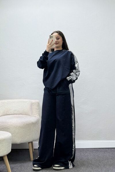BELENDİR Women's Sequined 2 Thread Tracksuit Set Lacigümüş